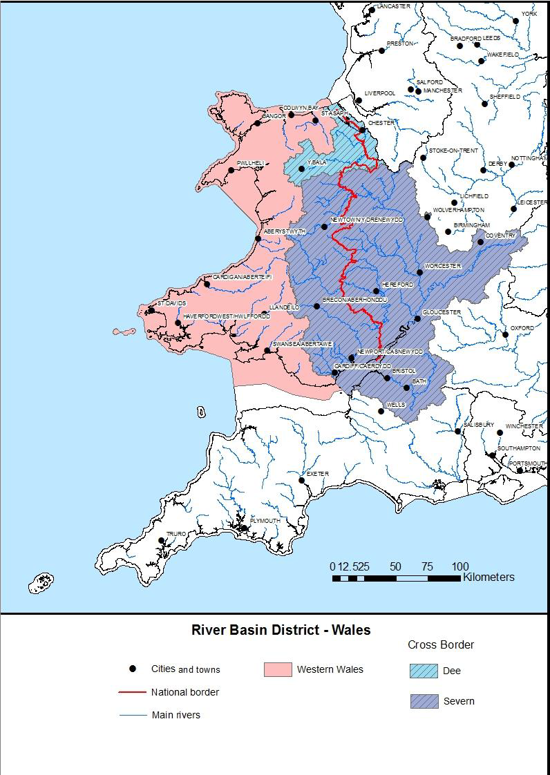 Atodiad 1: Map o ardaloedd basnau afonydd yng Nghymru