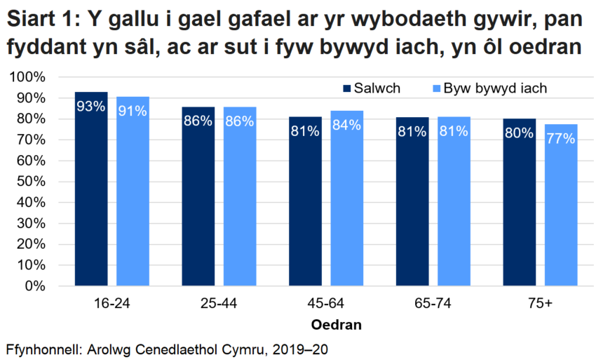 Mae siart 1 yn dangos y canran o bobl sy’n gallu cael mynediad at yr wybodaeth gywir pan fyddant yn sâl ac i’w helpu i ddilyn ffordd iach o fyw, yn ôl pum grŵp oedran.