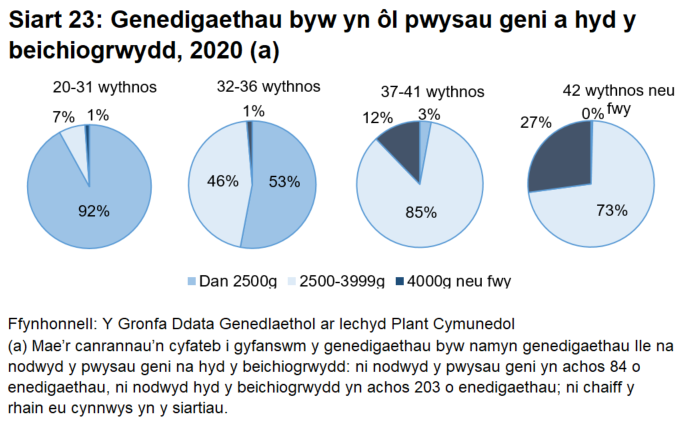 Yn achos genedigaethau a gaiff eu geni pan fo hyd y beichiogrwydd yn fyrrach, mae ganddynt gyfran uwch o enedigaethau lle mae'r pwysau geni'n is.