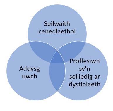 Y 3 maes gweithgarwch yn yr NSERE a’r gyd-ddibyniaeth rhyngddynt.