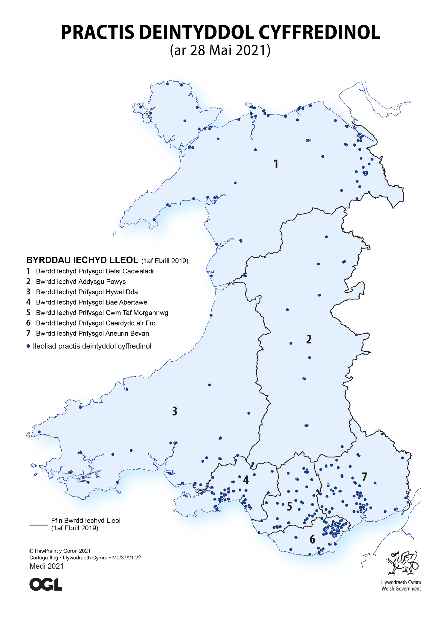 Map 1: Practisau deintyddol cyffredinol fesul bwrdd iechyd lleol ar 28 Mai 2021