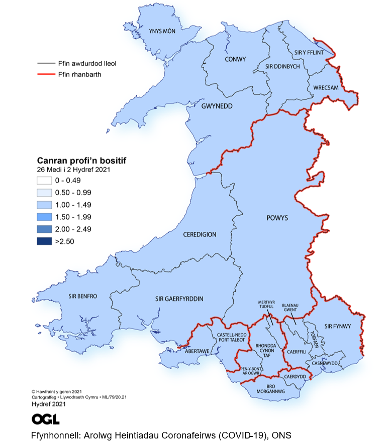 Ffigur yn dangos yr amcangyfrifon o ganran y boblogaeth yng Nghymru sy'n profi'n bositif am y coronafeirws (COVID-19) fesul rhanbarth rhwng 26 Medi a 2 Hydref.