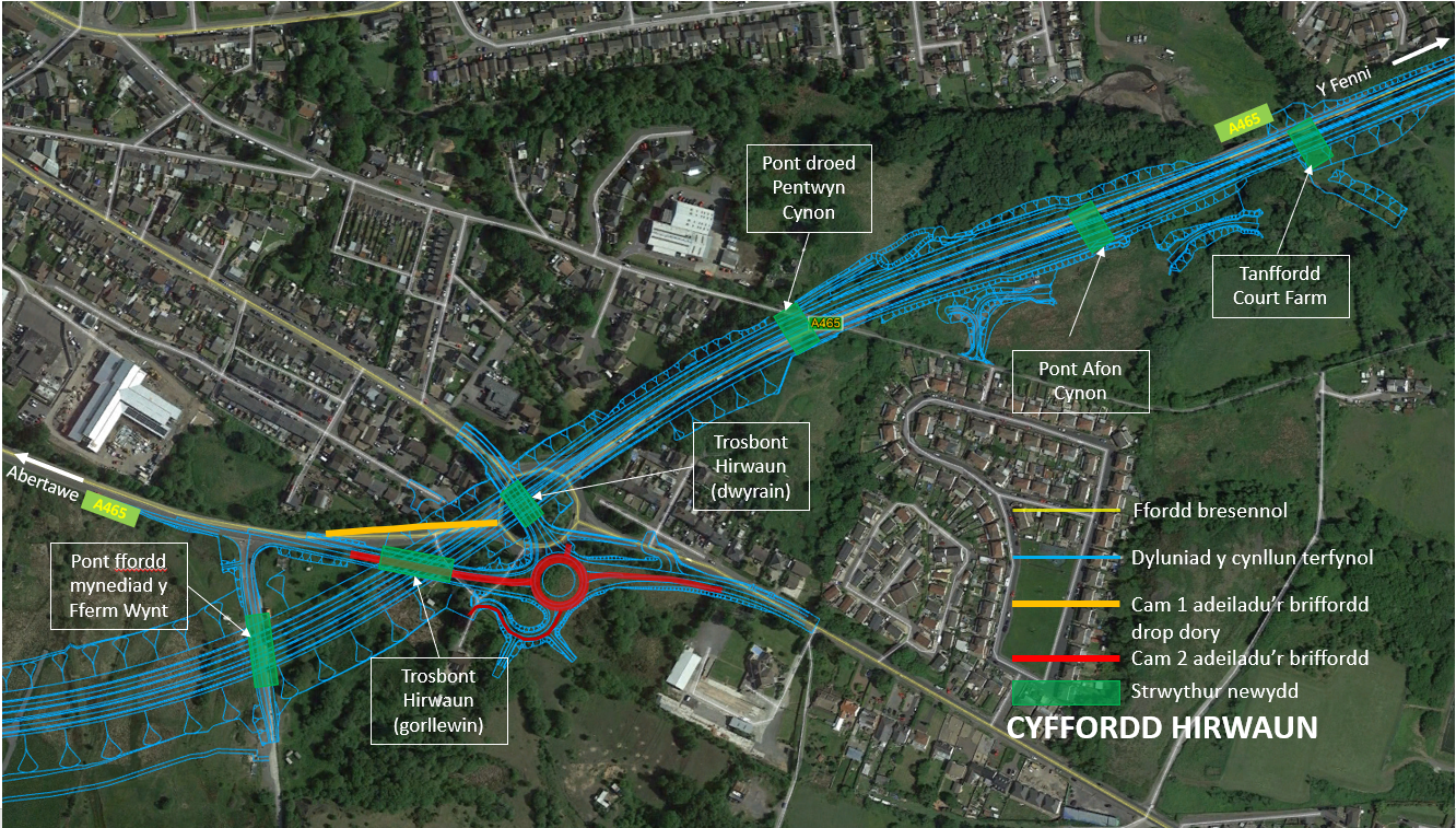 Map yn dangos y newidiadau i gyffordd Hirwaun.