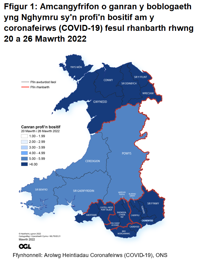 Ffigur yn dangos yr amcangyfrifon o ganran y boblogaeth yng Nghymru sy'n profi'n bositif am y coronafeirws (COVID-19) fesul rhanbarth rhwng 20 i 26 Mawrth 2022.