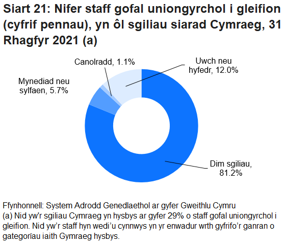 Roedd gan 12.0% o'r staff sgiliau ar lefel uwch neu hyfedr, ac roedd gan 6.8% sgiliau rhwng lefel mynediad a chanolradd. Cofnododd 81.2% o'r staff nad oedd ganddynt unrhyw sgiliau siarad Cymraeg o gwbl.