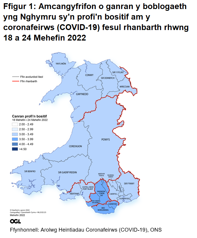 Ffigur yn dangos yr amcangyfrifon o ganran y boblogaeth yng Nghymru sy'n profi'n bositif am y coronafeirws (COVID-19) fesul rhanbarth rhwng 18 i 24 Mehefin 2022.