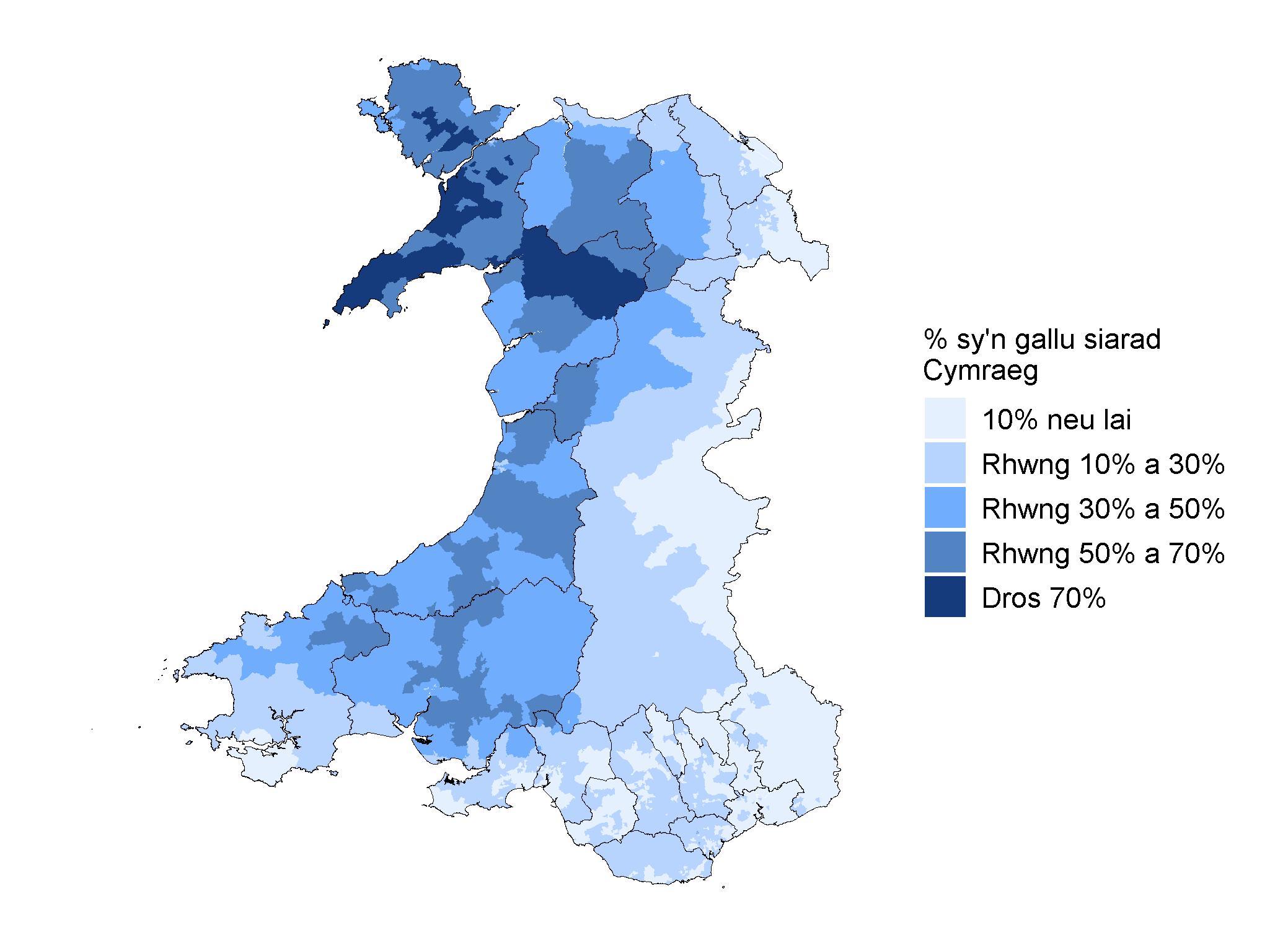 Mae’r map hwn yn dangos sut mae canran y bobl tair oed neu’n hŷn sy’n gallu siarad Cymraeg yn amrywio yn ôl ardal fach a elwir yn ACEHIau. Roedd ardaloedd bach lle’r oedd dros 70% o’u poblogaeth yn gallu siarad Cymraeg yng ngogledd orllewin Cymru tra bod y rhan fwyaf o’r ardaloedd bach lle roedd 10% neu lai o’u poblogaeth yn gallu siarad Cymraeg yn ne ddwyrain Cymru.