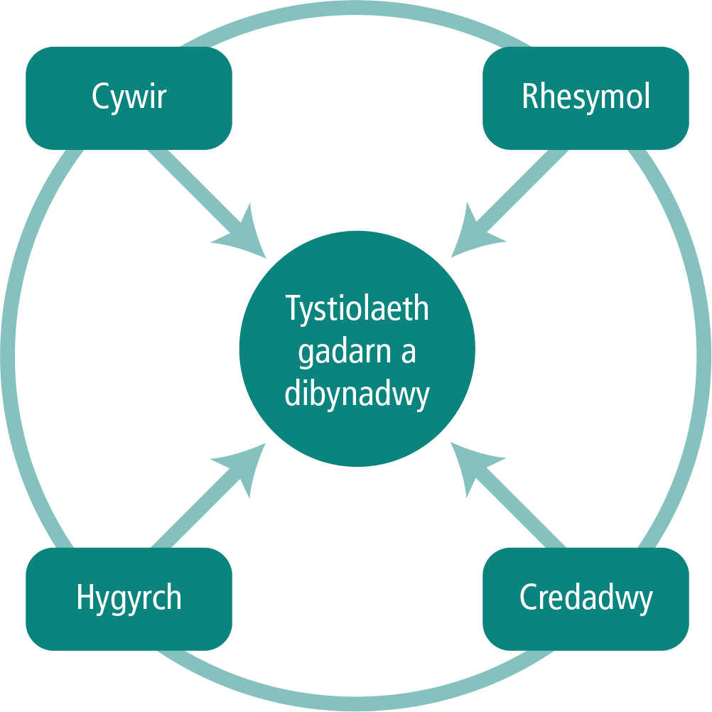 Diagram cylchol gyda thestun tystiolaeth gadarn a dibynadwy yn y craidd a saethau o elfennau cywir, rhesymol, credadwy, hygyrch yn y cylch allanol.