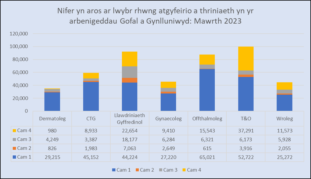 Yn gyffredinol, mae'r siart yn dangos pattrwm lle mae'r mwyaf o bobl yn y cam cyntaf dros arbenigeddau, ac wedyn y cam pedwerydd. Mae e'n fwy agos rhwng yr ail gam a'r cam trydydd sy'n llawer llai nag y niferoedd yn y ddau gam arall.