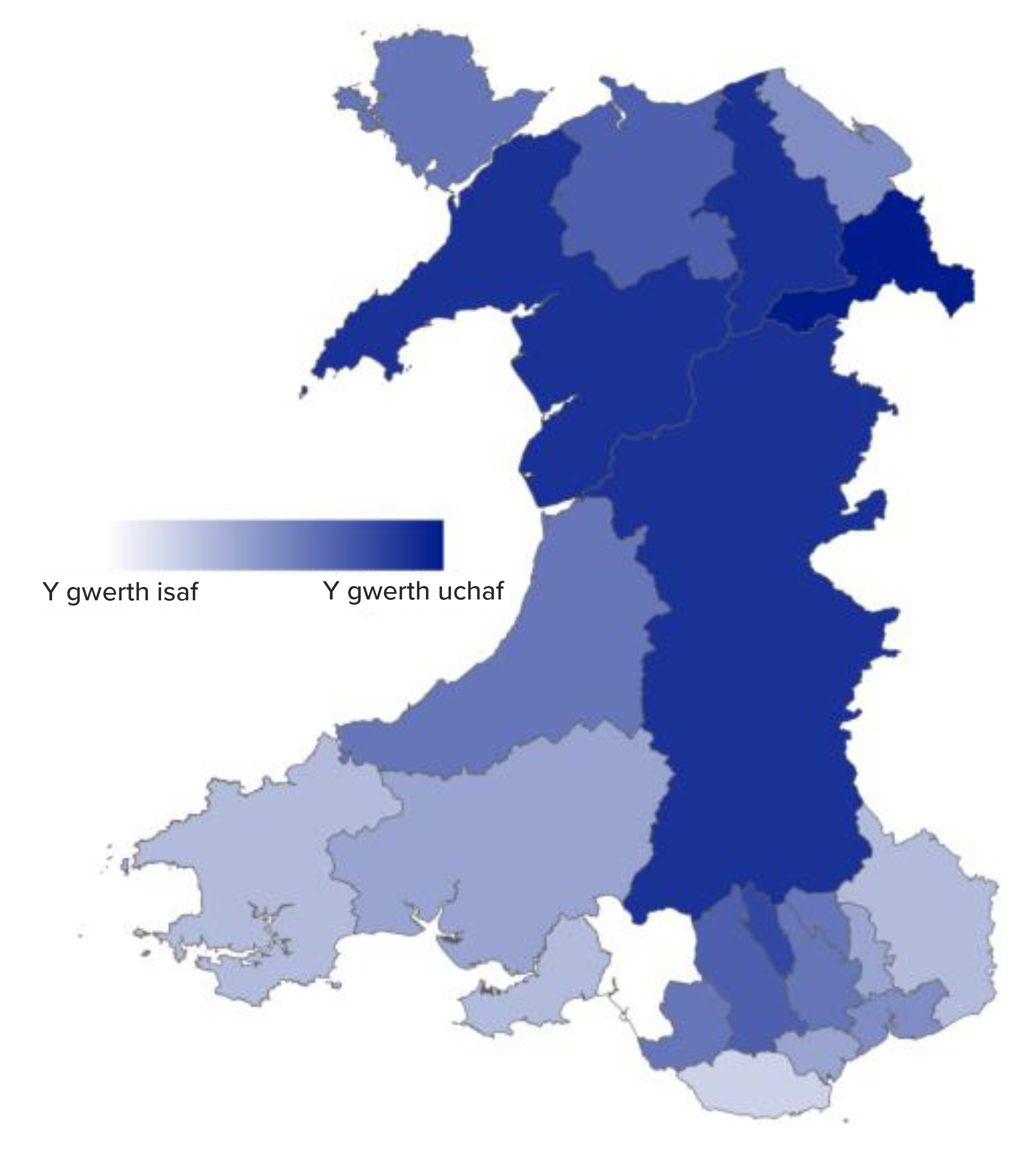 Mae'r nifer o sefydliadau sy'n darparu presgripsiynu cymdeithasol yn uchaf yn yr ardal o Wrecsam, ac yr isaf yng Nghastell Nedd Port Talbot. Mae'r gwerthoedd o faint canolig gan y rhan fwyaf o siroedd.