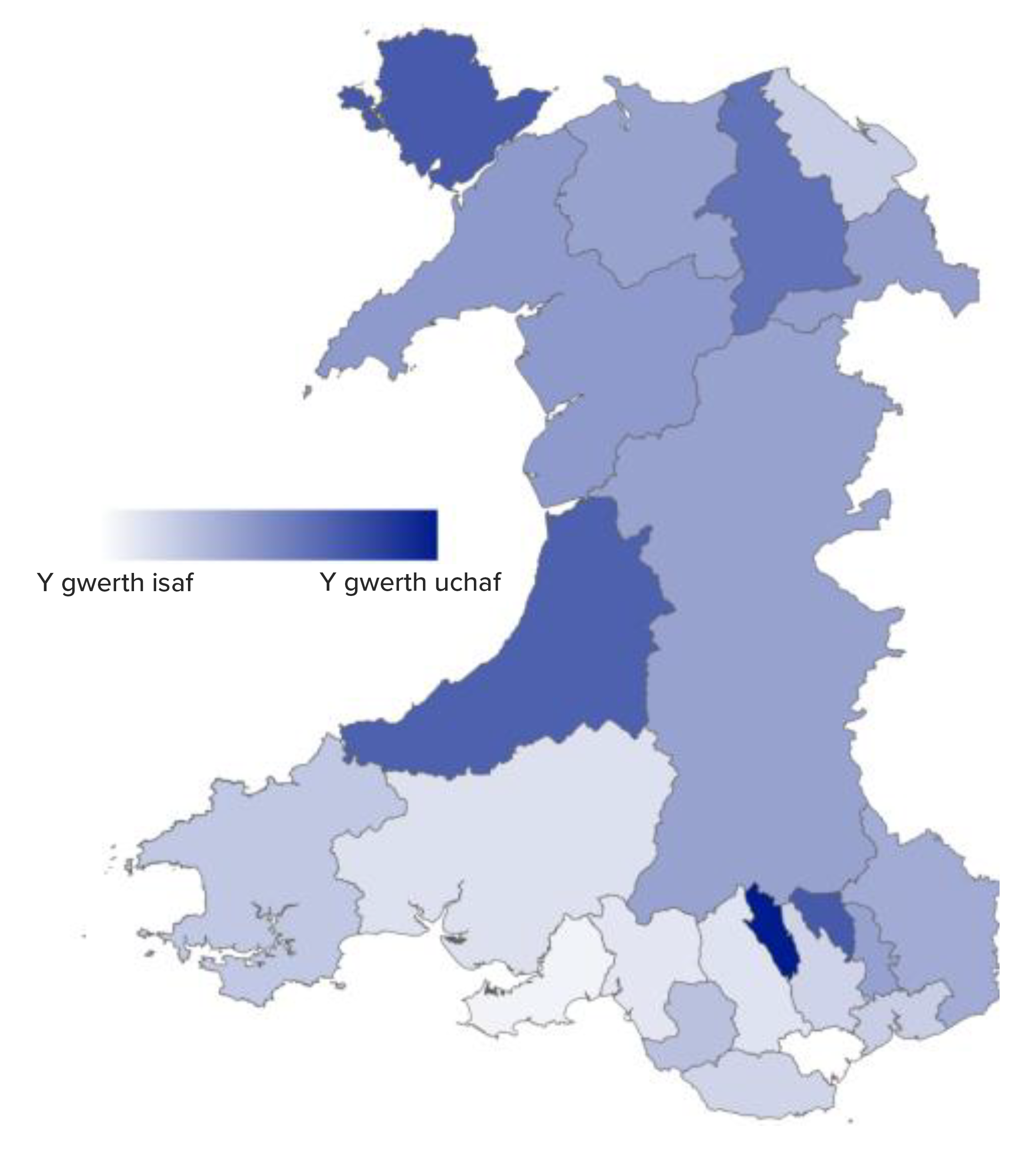 Mae'r map yn dangos y nifer o sefydliadau sy'n darparu presgripsiynu cymdeithasol ym mhob awdurdod lleol y 100,000 o'r boblogaeth. Mae'r gwerth uchaf yn yr ardal sirol o Ferthyr Tydfil, ac mae'r isaf yn yr ardal sirol o Gaerdydd.