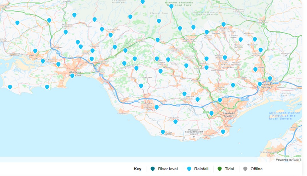 Map sy'n dangos lleoliadau medryddion glaw CNC yn Ne Cymru19