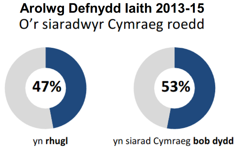 Arolwg Defnydd Iaith 2013-14: Dwy siart doesen yn dangos bod 47% siaradwyr Cymraeg yn rhugl a 53% o siaradwyr Cymraeg yn siarad yr iaith bob dydd.
