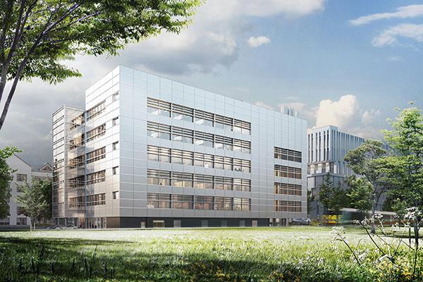 Portread artist o adeilad golau ei liw, pum llawr.